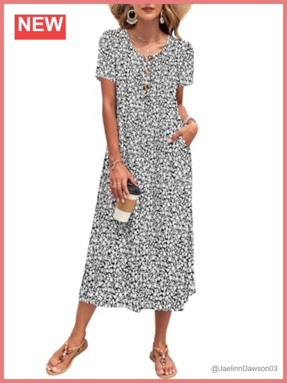 Summer Midi Sundress with Pockets, Button Front, Short Sleeve, Polyester Spandex